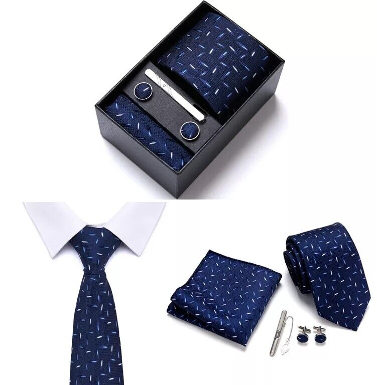 Men Neckties 5Pcs Business Ties Hanky Cufflink Set Clips Corbatas Gift Box 7.5cm