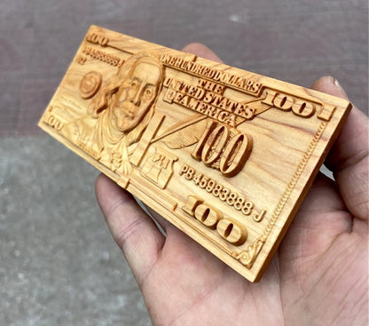 Cypress Wood Carved 100 Dollar Bill Statue Collection Decor