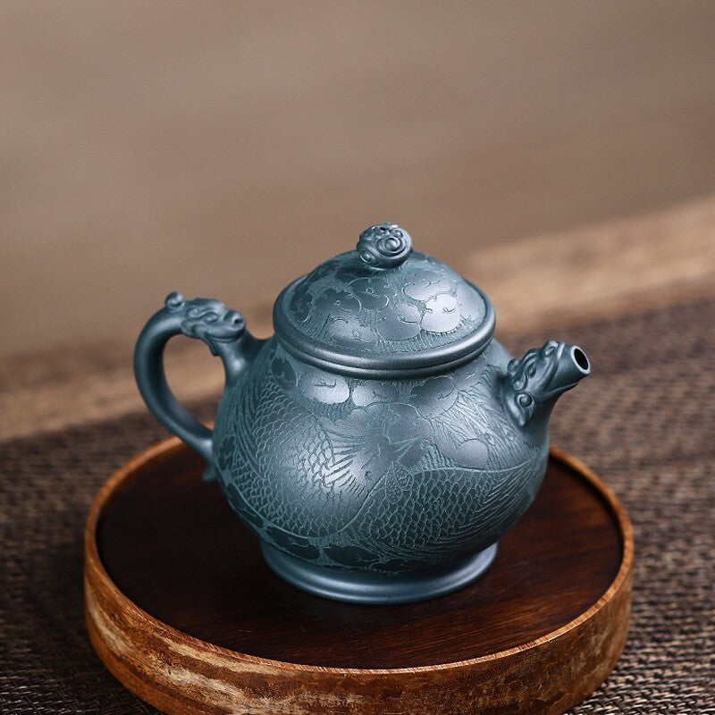 True Yixing Zisha Tea Pot Dragon Carved Tianqing Clay Master Pot Marked 320ml