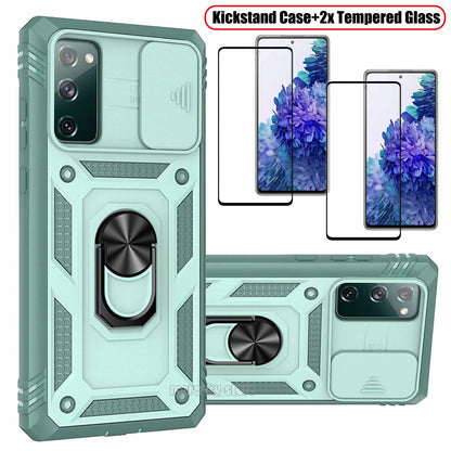 For Samsung Galaxy S20 FE 5G Stand Case + Camera Lens Slide Cover Tempered Glass