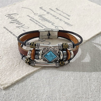 Vintage Ethnic Leather Bracelet Faux Turquoise Alloy Multi-layer Jewelry