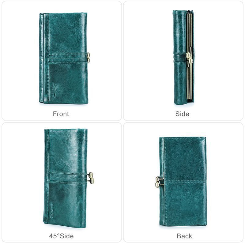 Wallet Metal Frame Genuine Leather Purse Hasp Zipper Coin Pocket Card Holder Bag