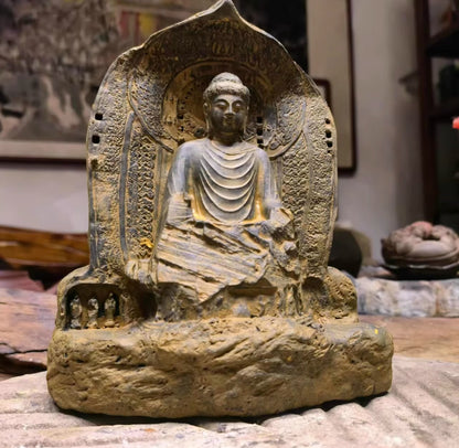 7.1" Old Stone Vairocana Buddha Statue Zen Religious Belief Shrine Home Decor