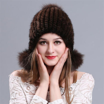 Winter Graceful Women Mink Fur Hats Real Knitted Fur Caps with Fox Fur Earflaps