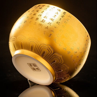24k Gold Tea Cup Zen Style Chinese Mater Heart Sutra Carved Full Handmade 180ml