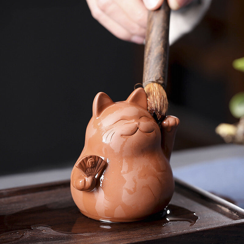 Purple Clay Lucky Cat Tea Pet Handmade Cute Small Animal Figurines Creative