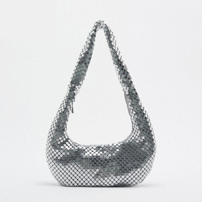 Mesh Shoulder Bags Silver Handbag Hobos Purse Small Underarm Bag 25.5*21.5*2 CM