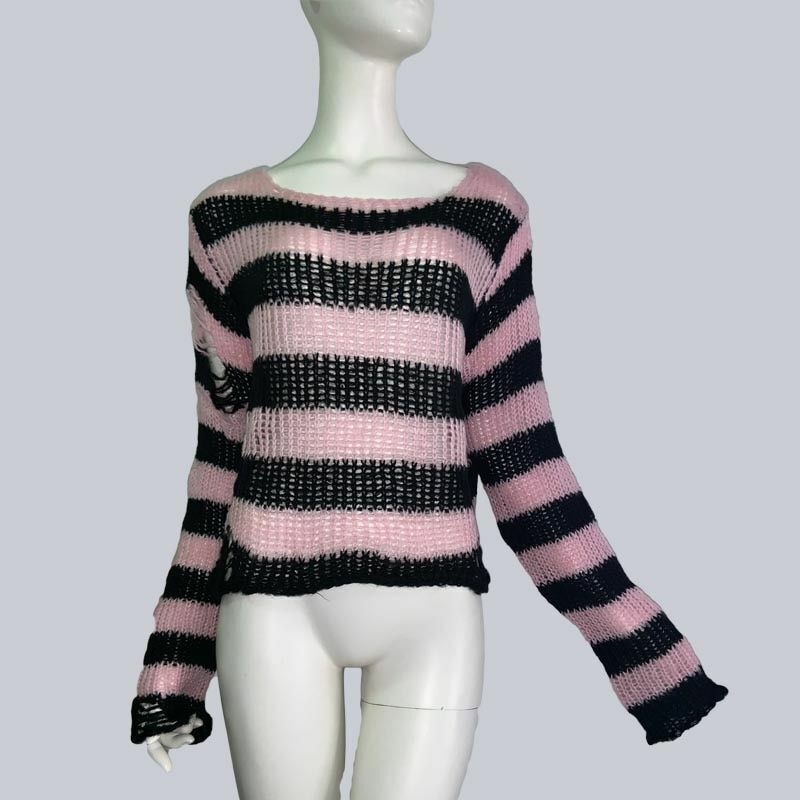 Unisex Sweater Plus Size Punk Long Dress Hollow Hole Broken Jumper Loose Thin