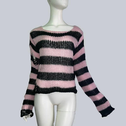 Unisex Sweater Plus Size Punk Long Dress Hollow Hole Broken Jumper Loose Thin