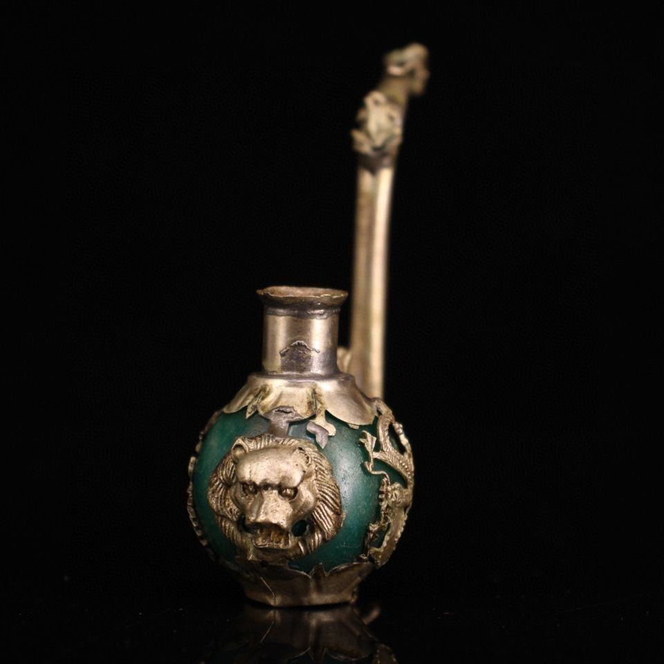 White Copper Jade Tobacco Pipe Ornament Dragon Phoenix Pattern Decor Only