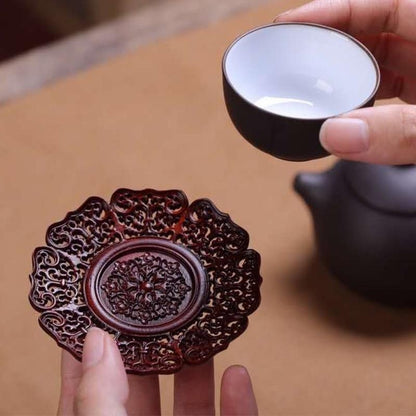 Vintage Small Leaf Rosewood Carved Tea Cup Coaster Heat Resistant Tea Tray 6cm