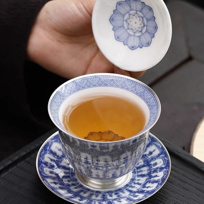 Ceramic + Pure Silver Tea Pot Gaiwan Master Cup Porcelain Buddha Tea Cup Tureen