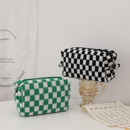 Checkerboard Knitted Cosmetic Bag Large Lattice Makeup Plaid Storage Organizer
