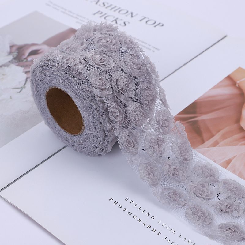Party Decoration 5Yards DIY Rose Lace Fabric 3D Chiffon Flower Embroidered Decor