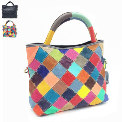 Multicolor Patch Real Leather Raw Edge Tote Shoulder Bag Purse Crossbody Handle