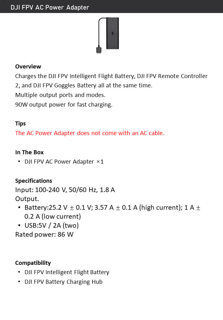 DJI FPV AC Power Adapter – Fast Charge, 90W, for FPV Drone/Battery/RC