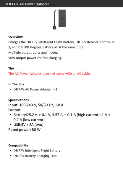 DJI FPV AC Power Adapter – Fast Charge, 90W, for FPV Drone/Battery/RC