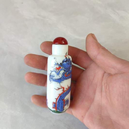 Chinese Dragon Statue Carved Glass Snuff Bottle Painted Relief Dragon Snuffbox
