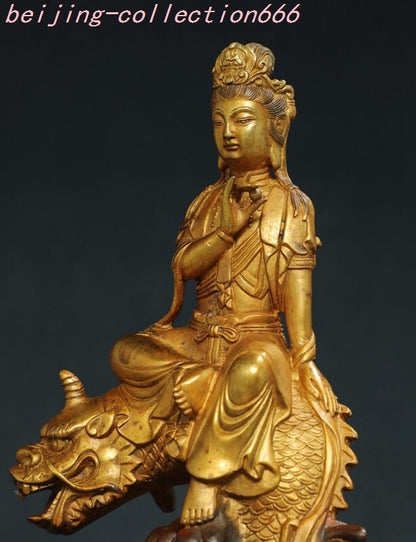 12'' Tibet Bronze Gilt Ride Dragon Fish Kwan-Yin GuanYin Goddess Buddha Statue