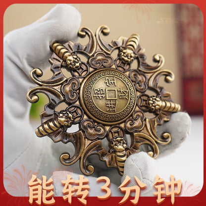 Brass Five Blessings Spinning Coin Hand Piece Fengshui Fortune Fidget Toy 6.8cm