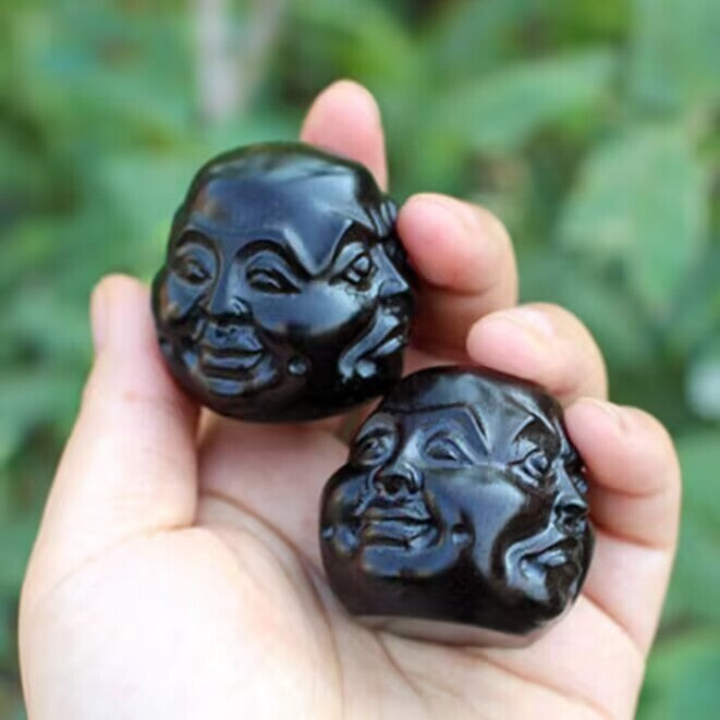 African Blackwood Feng Shui Buddha Head Statue Budai Four Faces 4 Emotions