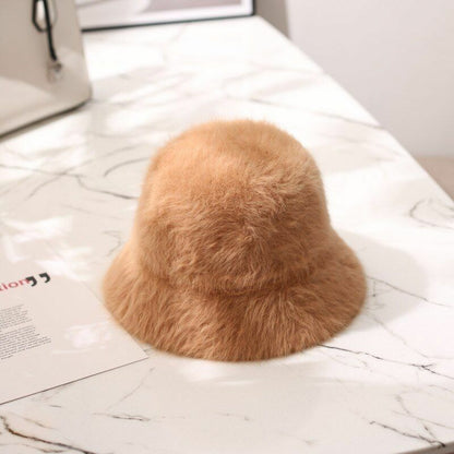 Hat Winter Women Solid Color Rabbit Fur Bucket Cap Fisherman Retro Knitted Wool