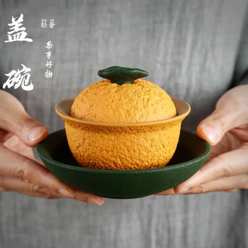 Chinese Sancai Gaiwan Handmade Pottery Tea Cup Bowl Orange Shape Tea Tureen
