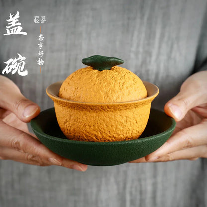 Chinese Sancai Gaiwan Handmade Pottery Tea Cup Bowl Orange Shape Tea Tureen