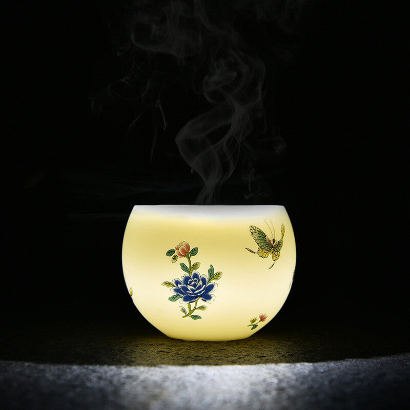 Ceramic Tea Cup Fat Mutton Jade Porcelain Master Cup Butterfly Print Cup 140ml