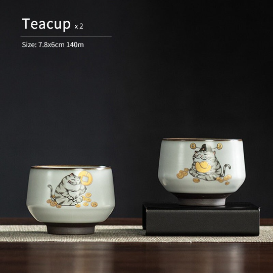 Ruyao Ceramic Teacup Set of 2 Cups Lovely Cat Chinese Kung Fu Tea Cup 140ml