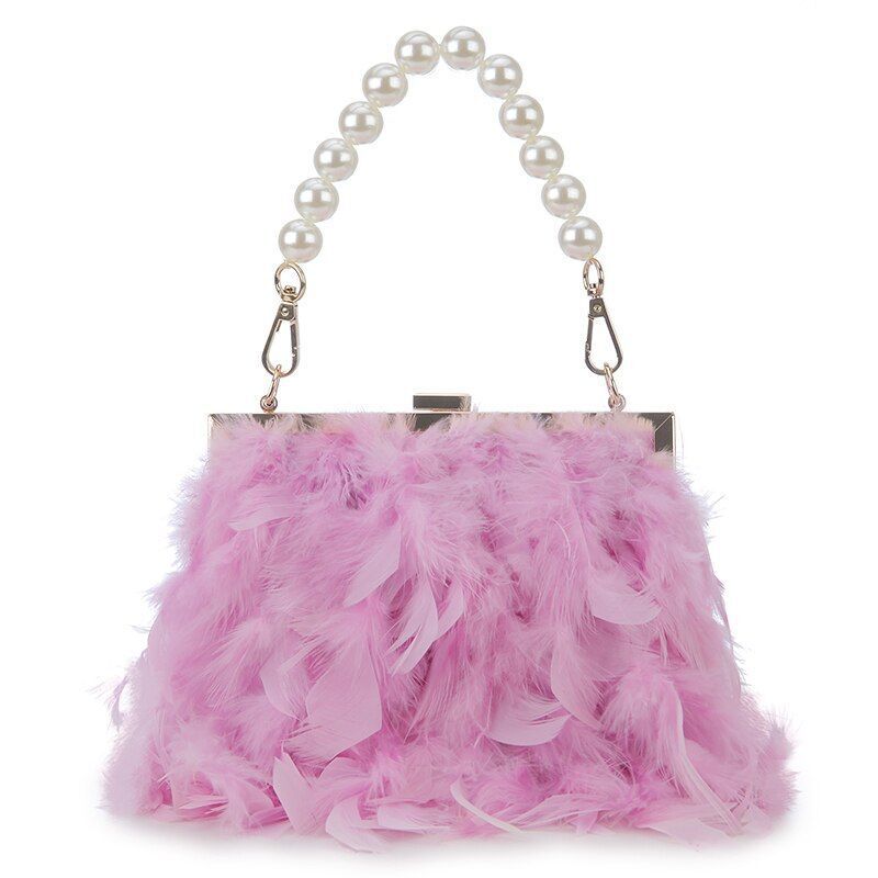 Luxury Real Feather Purse Handbag Clutch Shoulder Bags Pearl Chain 20*5*18 CM
