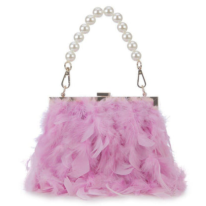 Luxury Real Feather Purse Handbag Clutch Shoulder Bags Pearl Chain 20*5*18 CM