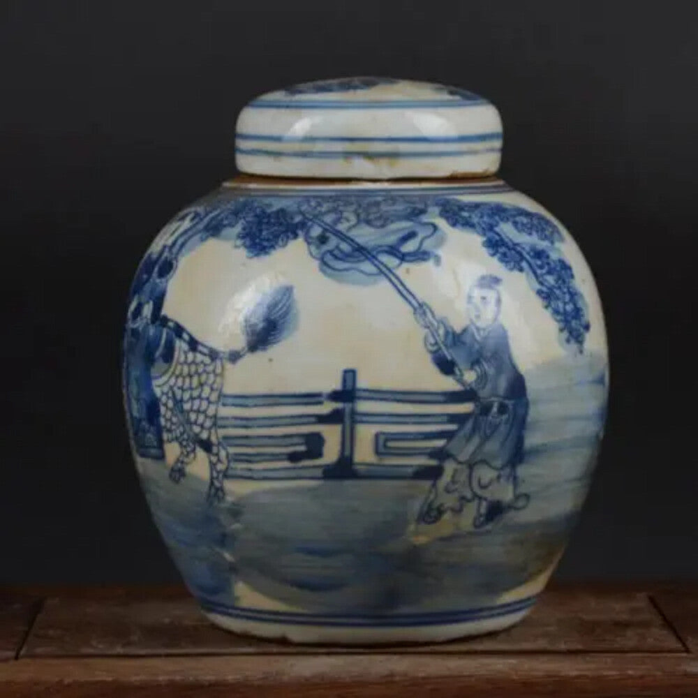 6.3" Chinese Blue and White Porcelain Jar Qing Kylin Kid Design Pot Tea Caddy