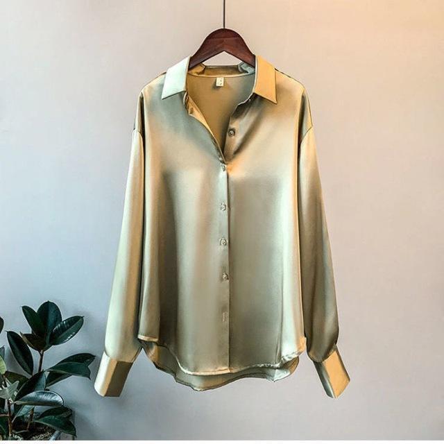 Color Ladies Baggy Solid Button-up Work Tops Blouse Women Long Sleeve Satin Silk