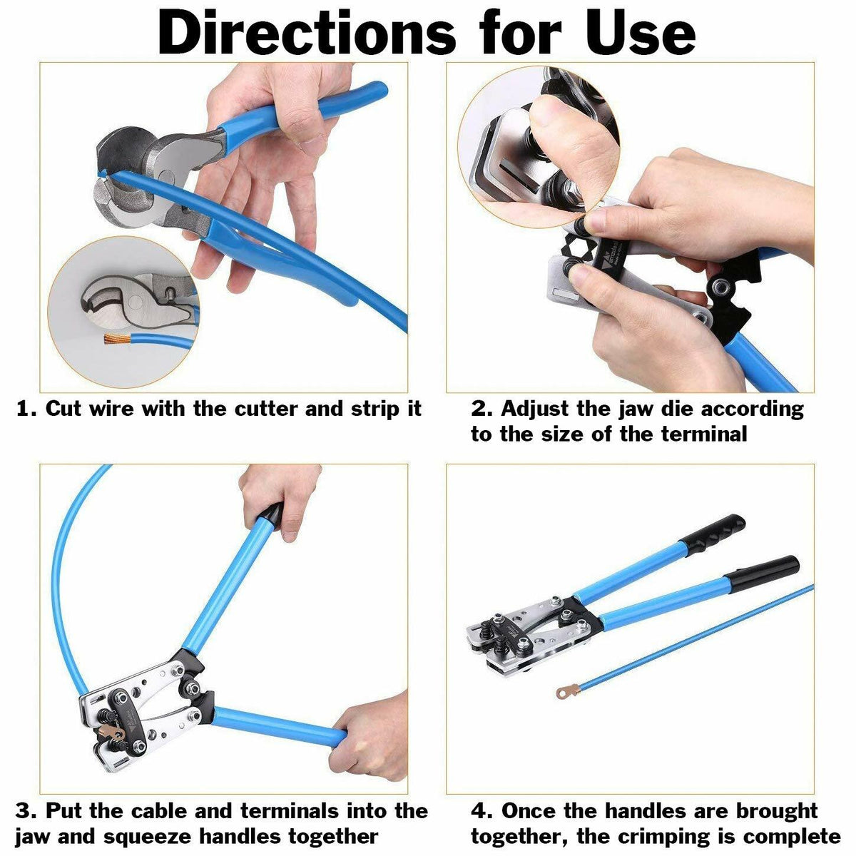 Wire Crimper and Cable Cutter for 0, 1, 2, 4, 6, 8, 10 AWG - Cable Lug Crimping