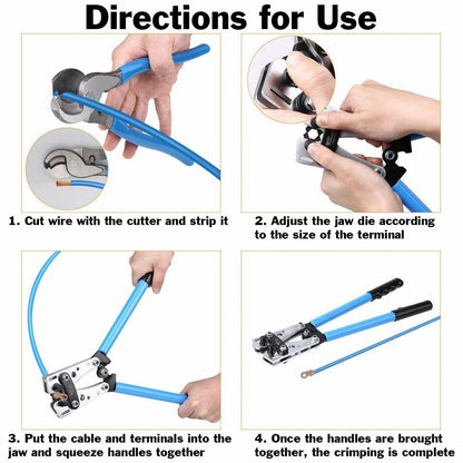 Wire Crimper and Cable Cutter for 0, 1, 2, 4, 6, 8, 10 AWG - Cable Lug Crimping