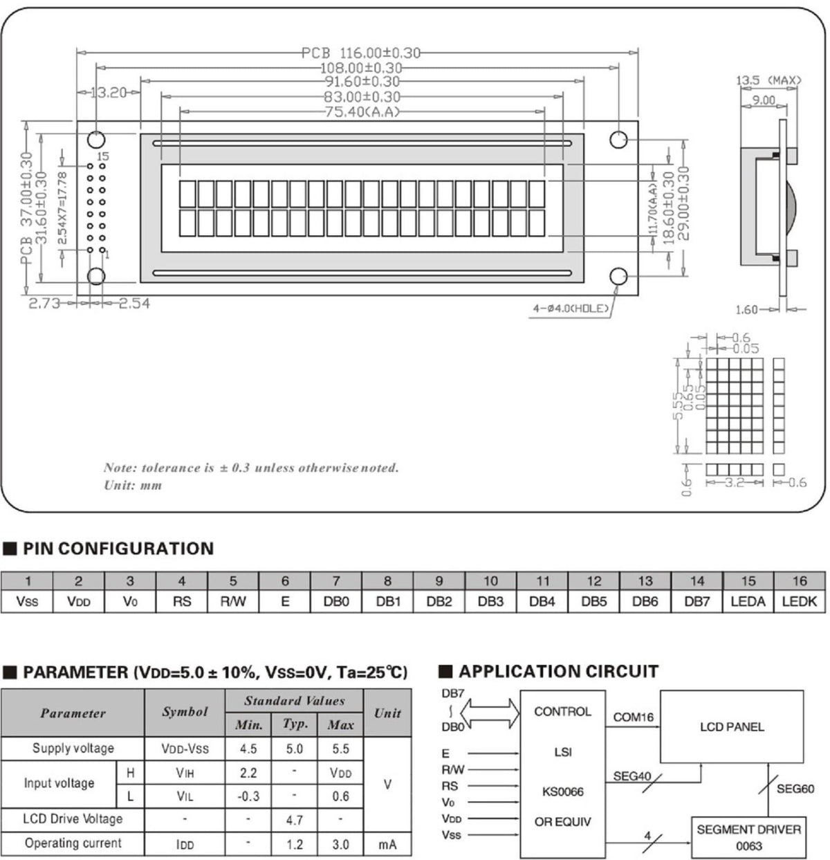 20x2 Dot Matrix Backlit LCD Module with Driver & Controller, 146 x 43 x 9.5mm