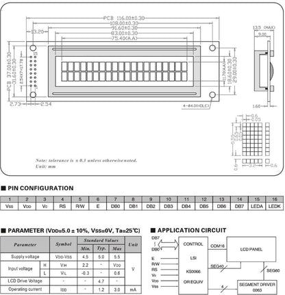 20x2 Dot Matrix Backlit LCD Module with Driver & Controller, 146 x 43 x 9.5mm