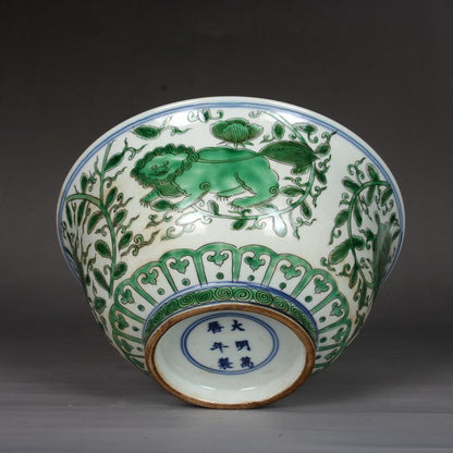 7.8" Chinese Porcelain Green Glaze Hand Painting Lotus Flower Pixiu Green Bowl
