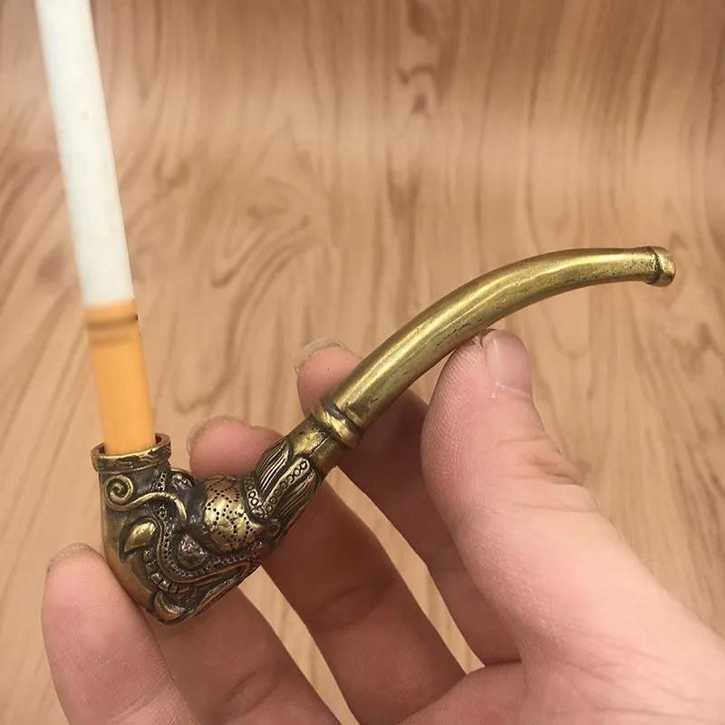 Vintage Brass Dragon Head Pipe | 10cm Mini Cigarette Holder (Metal Craft Gift)