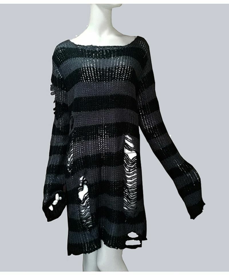 Unisex Sweater Plus Size Punk Long Dress Hollow Hole Broken Jumper Loose Thin