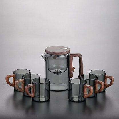 Boutique Tea Pot Matching Cup Glass Wood Handle Tea Tray Tea Water Separation