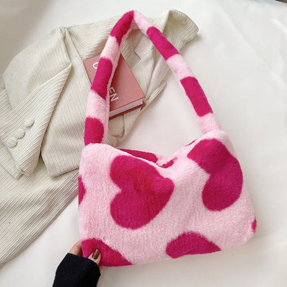 Flower Pattern Shoulder Bag Elegant Underarm Bag Faux Fur Handbag 30*20*5 CM 1PC