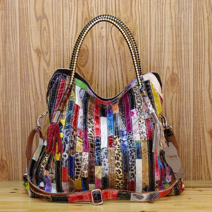 Women's Genuine Leather Snake Stripes Colorful Handbag Shoulder Satchel Tote Bag