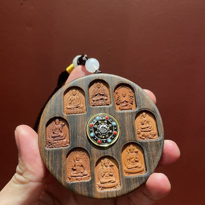 Wooden Eight Guardian Deities Pendant Rotatable Mantra Carved Ornament