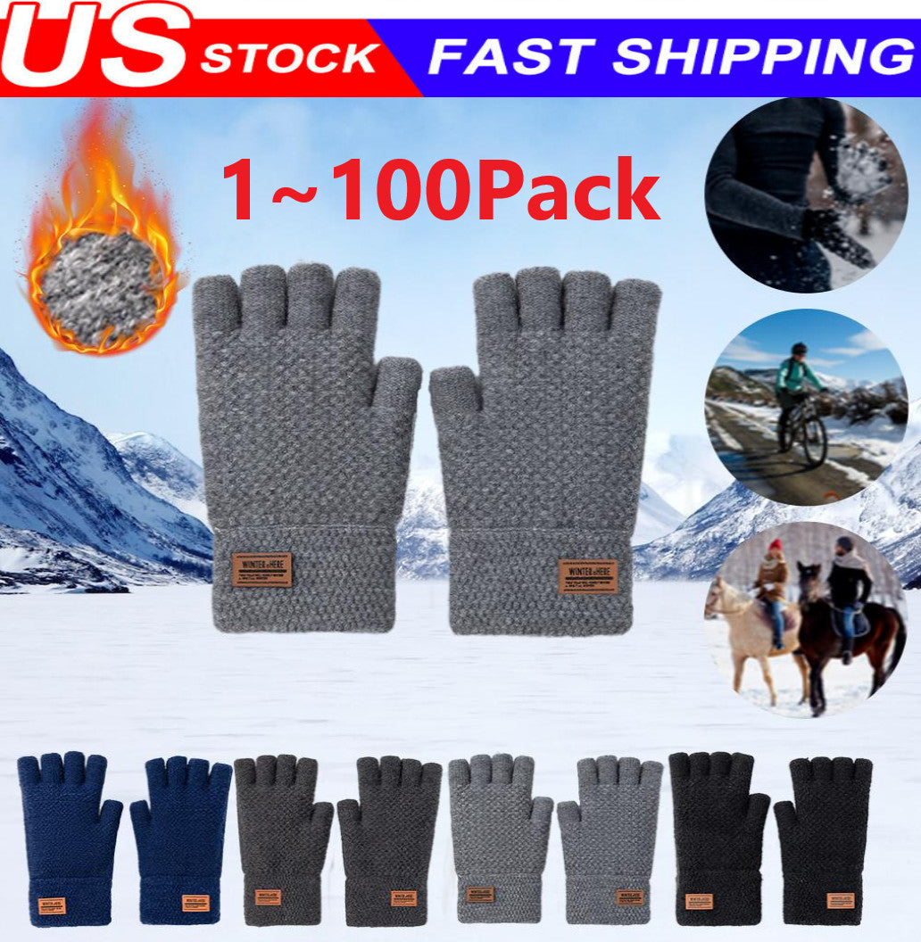 Winter Alpaca Wool Fingerless Gloves Thermal Men Knitted Half Finger Mitten Lot