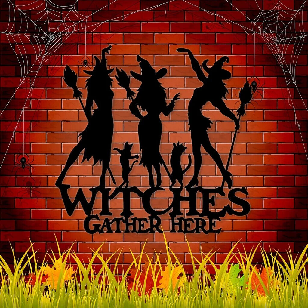 1pc, Witches Gather Here Funny Metal Sign, Halloween Farmhouse Decor Metal Sign