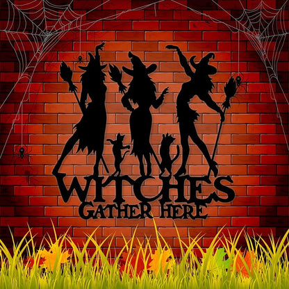 1pc, Witches Gather Here Funny Metal Sign, Halloween Farmhouse Decor Metal Sign