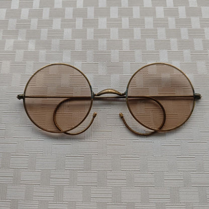 Vintage Round Crystal Sunglasses Old Shanghai Tea Tint Hook Eyewear Photo Prop