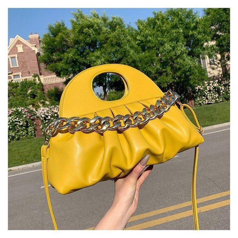 Handbag Thick Chain Handle Pleated Shell Bag Clutch Purses Crossbody Long Belt